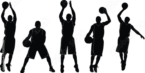 Basketball Player Silhouette Vector Set with Male Athletes Dribbling Shooting and Jumping for Sports Competition Team Game and Fitness Graphic Design