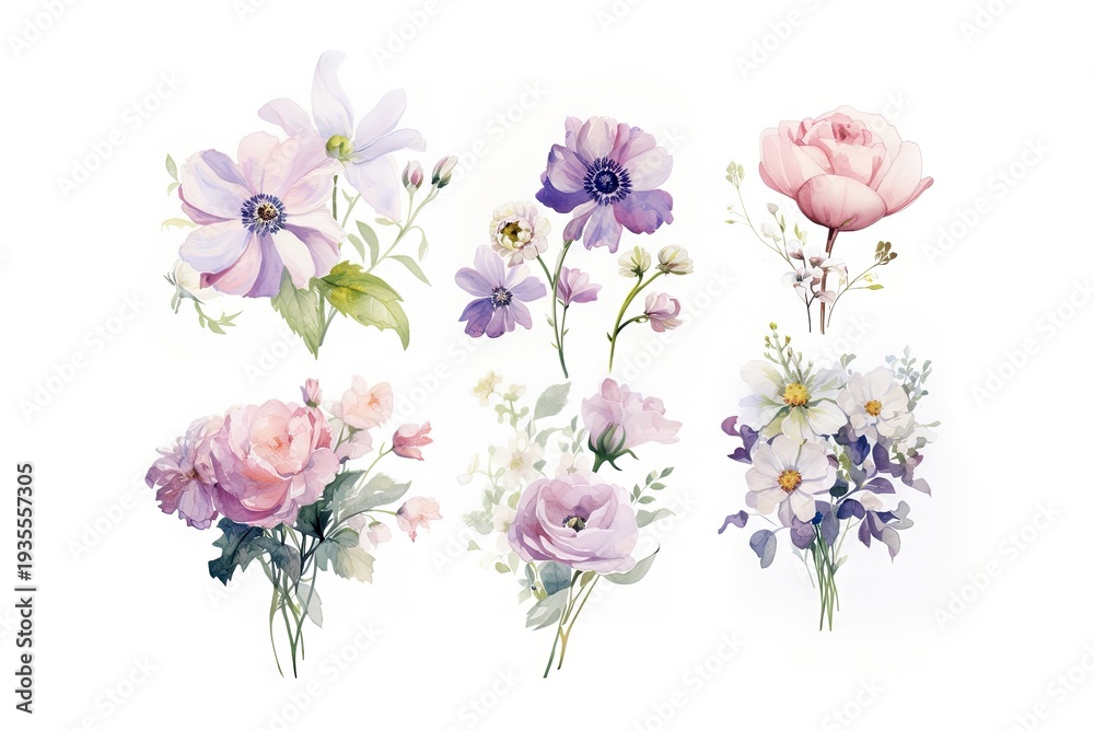 Fototapeta premium Watercolor flowers on white background. Spring illustration for greeting card, Wedding, Easter. Clip art blossom nature.