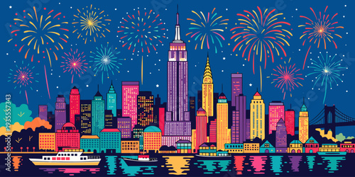 NYC Skyline Fireworks Night – Celebration Over Manhattan, Neon Glow Reflections, Ultra‑Wide Vector Banner, Iconic United States Cityscape