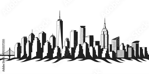 NYC Skyline Silhouette – Minimalist Line Art Panorama, Ultra‑Wide Clean Vector Design, Iconic New York City Landmark, United States
