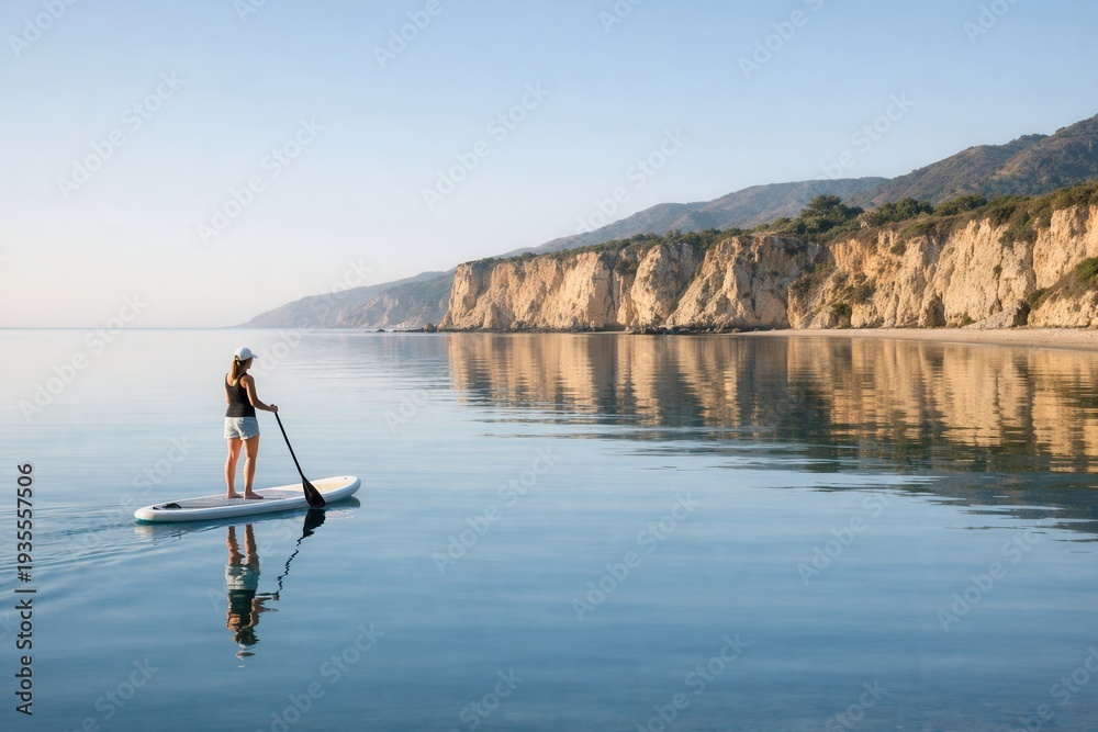 Naklejka premium Woman paddleboarding on calm sea near scenic cliffs during peaceful summer morning