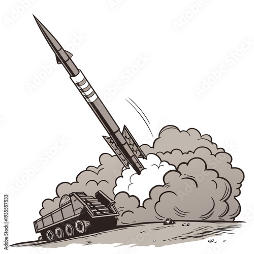 Gray military missile launching from truck with smoke