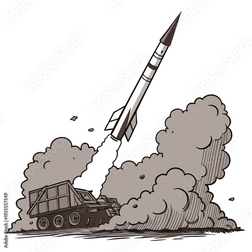 Monochrome of a missile launcher vehicle launching a rocket