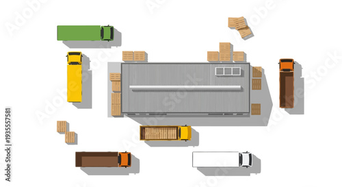 Overhead view of various trucks and packages around a large gray shipping container on a plain white background.