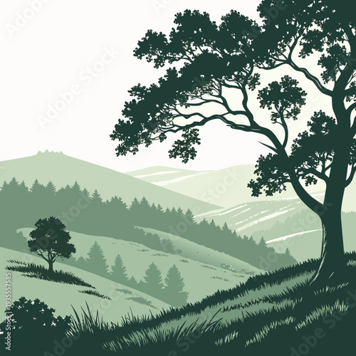 Green hillside with trees and grassy landscape nature