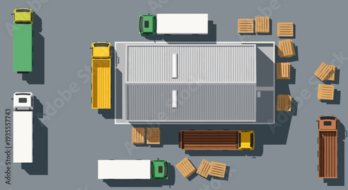 Overhead view of various delivery trucks and packages on a gray surface