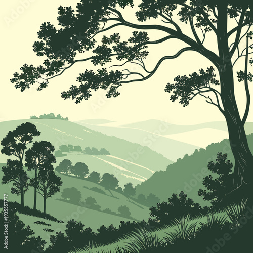 Green highlands landscape with trees and rolling hills