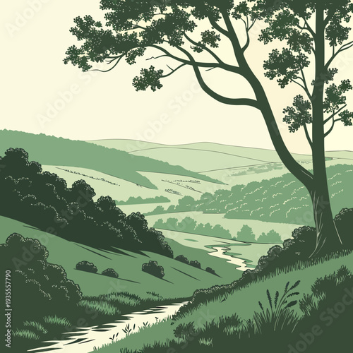 Green highlands landscape with tree and stream