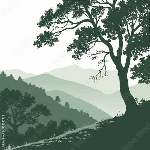 Emerald green hillside with trees and rolling hills