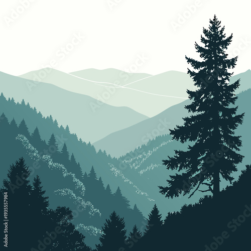 Mountain panorama with coniferous trees and misty atmosphere