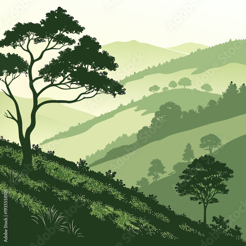 Green hillside landscape with trees and rolling hills