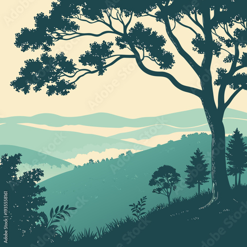 Emerald forest hillside with large tree and mountain range