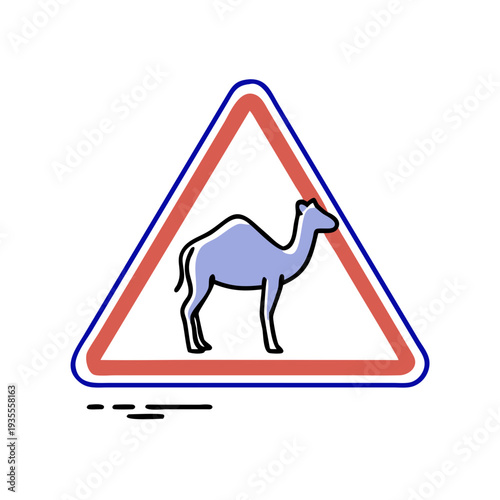 Camel crossing warning sign in triangular shape with bold colors  