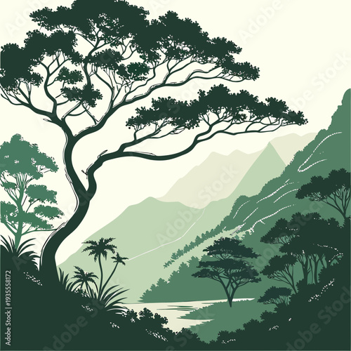 Tropical green landscape with large tree and mountain range