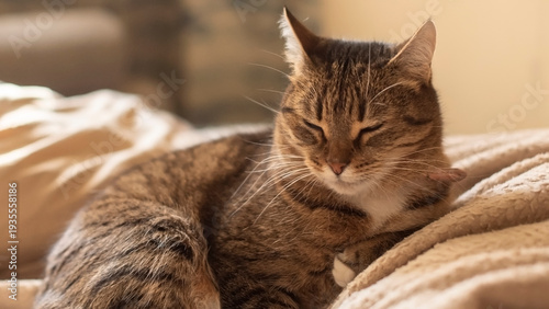 Fényképezés A small brown tabby cat rests comfortably on a soft blanket