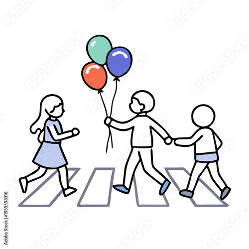 Children crossing the street holding colorful balloons  