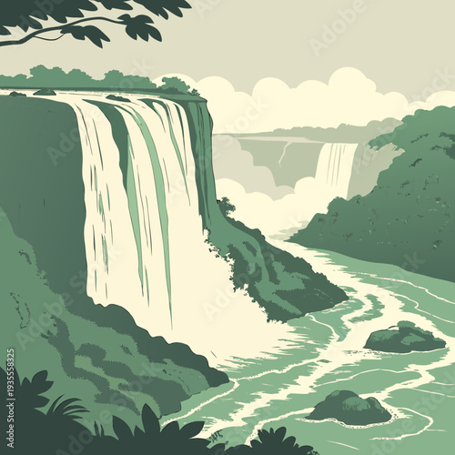 Large white waterfall on cliffside with green vegetation and river