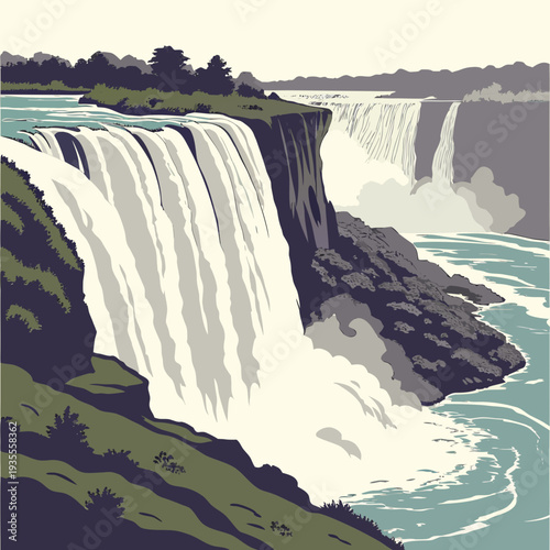 Powerful waterfall with mist burst layered cliff layered rock