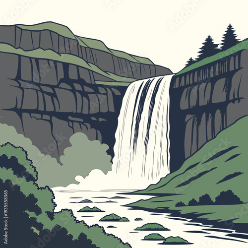 Powerful waterfall on layered cliff with mist burst