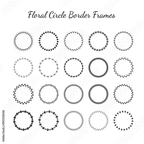 Floral Circle Border Frames Wreath Laurel Leaf Pattern Set Collection Vector Illustration Black White