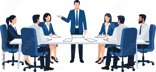 Executive Business Presentation with Leader Standing and Team Sitting Around Conference Table cad drawing flat vector illustration for Corporate Office