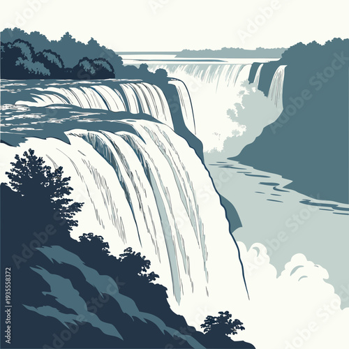 Powerful waterfall with mist burst layered cliff