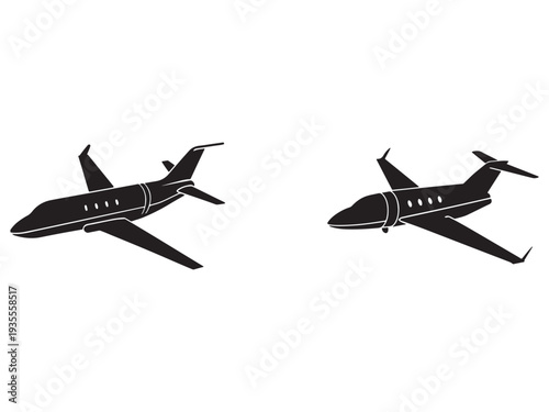 Two small private jets flying in the air with white outlines on a transparent background