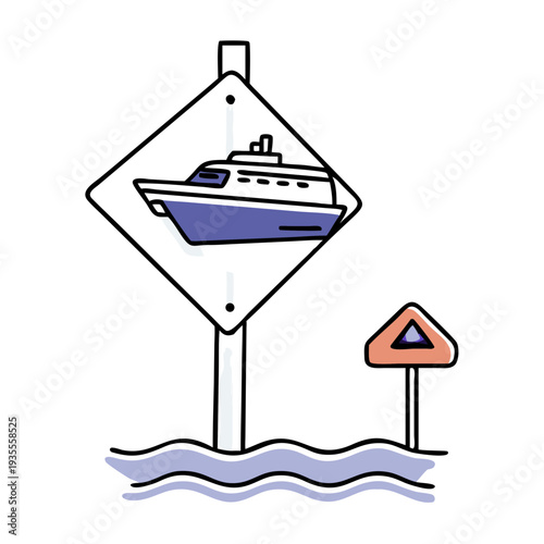 Ferry crossing warning sign with boat illustration on water  