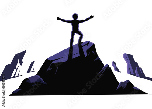 Silhouette of Victorious Person on Mountain Peak Isolated on Transparent Background