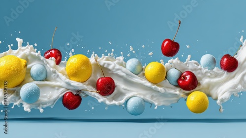 Brightly colored fruit and spherical candies suspended within a dynamic splash of white liquid against a blue backdrop
