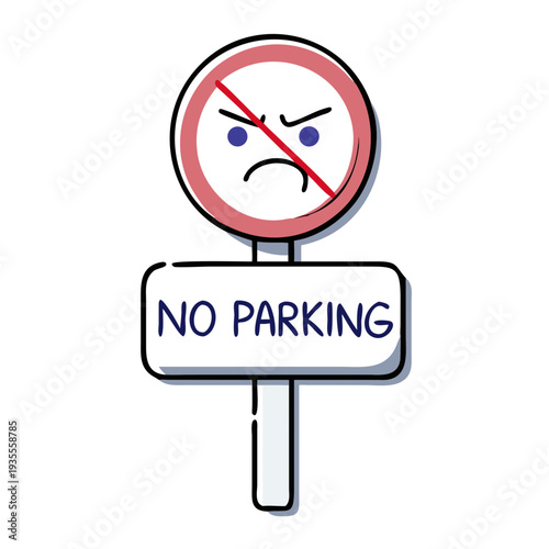 No parking sign with angry expression in cartoon style  