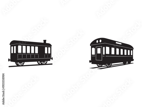 Two vintage tramcars on railway tracks in silhouette against white background for design and transportation concepts  old tram cars