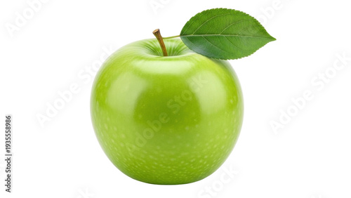 Isolated Granny Smith apple with leaf, a healthy and fresh green fruit with sweet taste