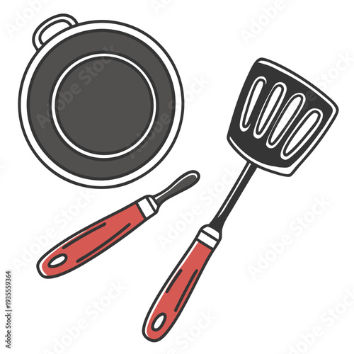A flat vector-style illustration of kitchen cookware and utensils. The image features a minimalist color palette of red, charcoal gray, and white with bold black outlines.