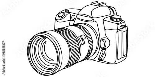 Professional DSLR Camera with Telephoto Zoom Lens Line Illustration