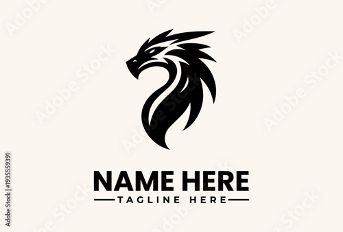 Black logo illustration of a dragon's head with flowing mane and placeholder text on a beige background, featuring a vector icon design.