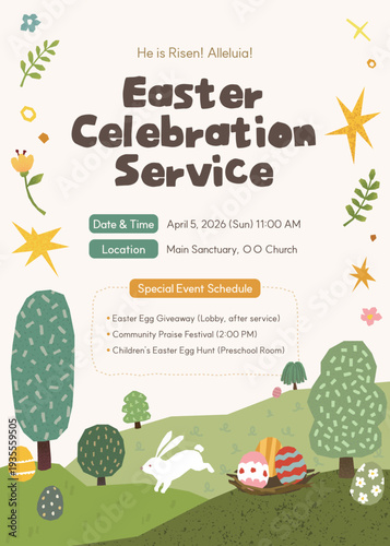 Easter Sunday Celebration Service Invitation Poster with Cute Illustration Template