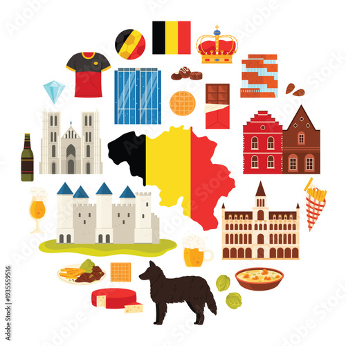 Travel to Belgium, culture elements and landmarks, architecture in round infographic banner. Belgian Shepherd and houses, mushroom soup and cheese, french fries and beer cartoon vector illustration