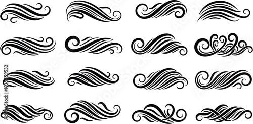 Collection of 15 unique swirling wave designs in black on white background