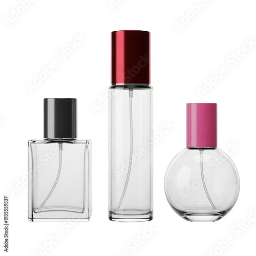 Three empty perfume bottles with different shapes and colored caps isolated on transparent background