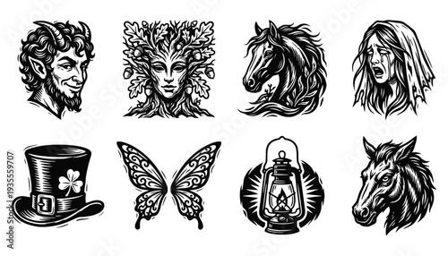 Mythical Folk Art Woodcut Illustrations Set