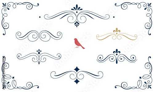 Elegant vector flourishes, ornamental borders, and a charming bird silhouette, artfully arranged for classic design on a white background.