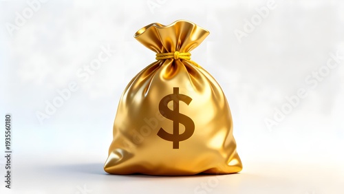 Golden money bag with dollar sign symbol on white background