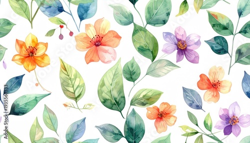 Watercolor floral pattern with colorful blossoms and green leaves