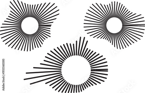 Abstract circular sound wave equalizer set, radial audio spectrum visualization rings isolated on white background for music technology, digital sound and DJ design