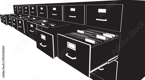 Black file cabinets in a row on white background