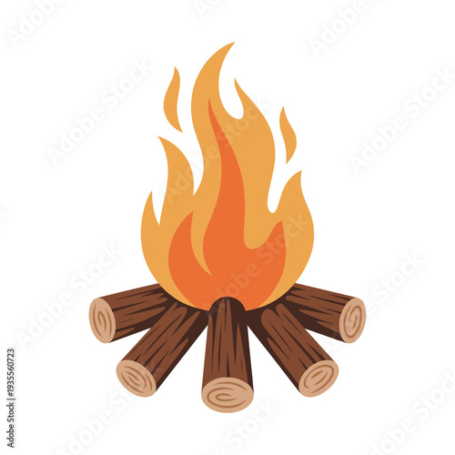 Burning campfire with logs burning fire flames wood vector illustration isolated on white background.