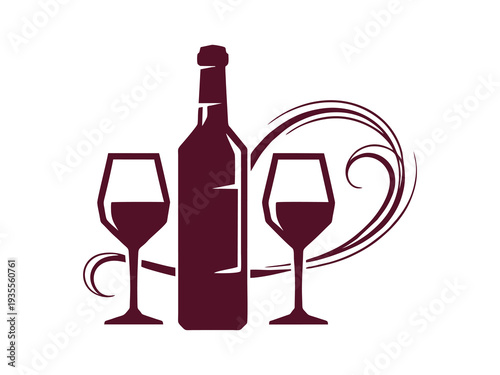 Wine Bottle and Two Glasses with Elegant Swirl Decoration