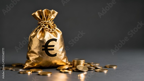 Golden money bag with euro symbol and scattered coins on dark surface