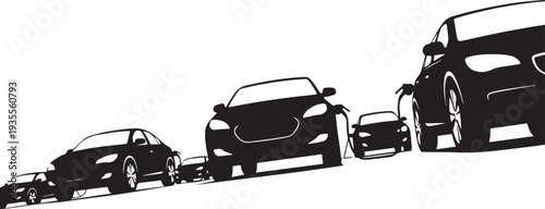 Silhouette of cars in a line on white background
